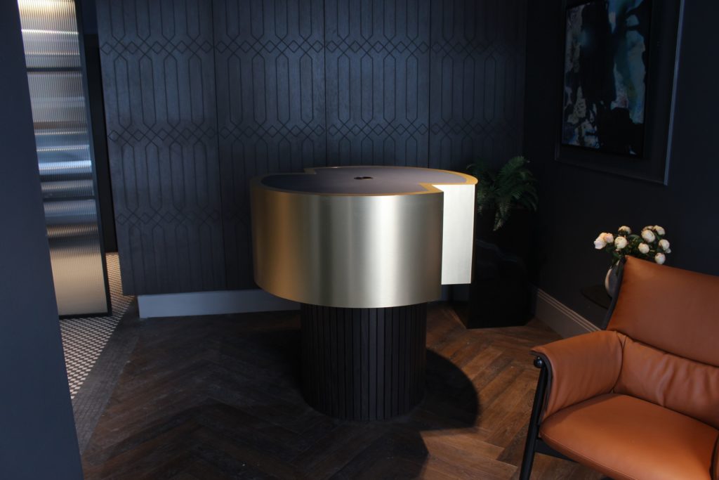 reception desk & wall panelingBrook House offices receive our bespoke reception counter and routered wall panelling