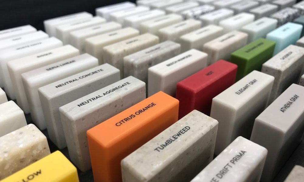 Close up image of samples of solid surface materials