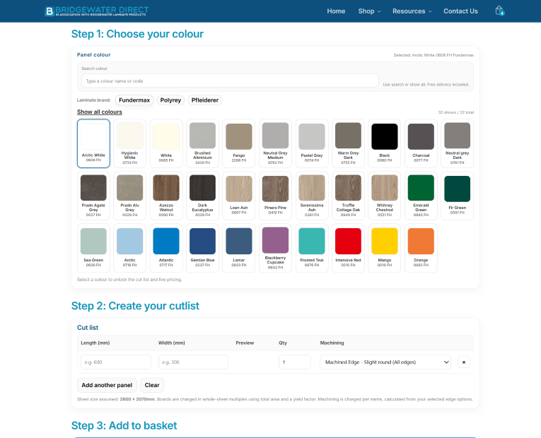 Bridgewater Direct Cut and Edged Panels Page Screenshot